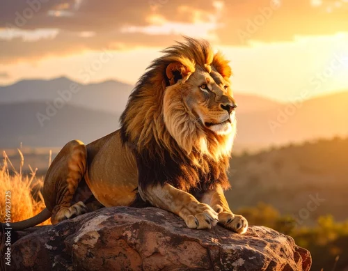 Obraz majestatyczny lew o zachodzie słońca