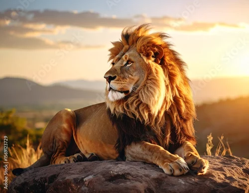 Obraz majestatyczny lew o zachodzie słońca