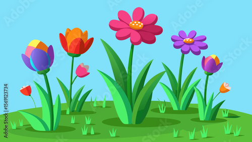 Vector art of a sunny day in a garden filled with blooming tulips and daisies