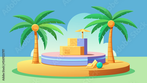 Vector art of a stylized tropical island display with geometric shapes and beach accessories