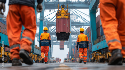 Dock workers managing container loading with safety equipment, busy shipping terminal, teamwork in logistics industry