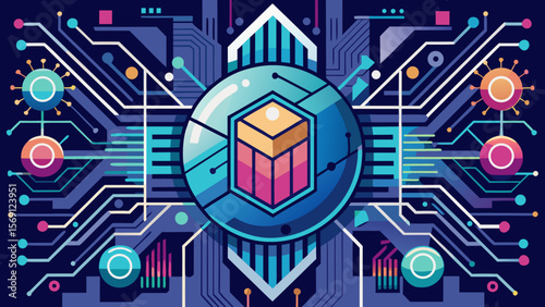 Vector art of futuristic circuit board with central blockchain graphic