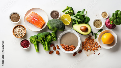 Wallpaper Mural Flat lay of healthy meal with vegetables, grains, and lean protein on a white table Torontodigital.ca