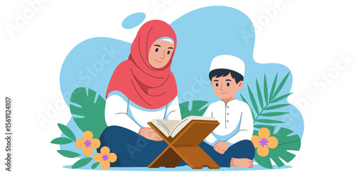 Mother and son: A serene illustration depicts a mother and her son, engrossed in reading a book together, symbolizing familial love, learning, and cultural values.