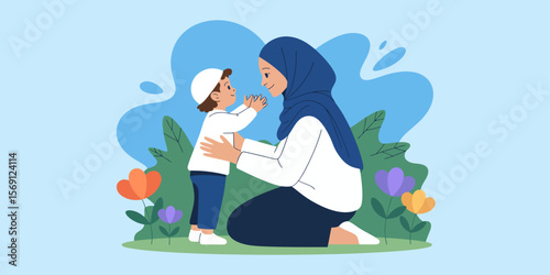 Mother's love: A loving Muslim mother gently embraces her toddler son in a serene garden setting, symbolizing the tender bond between parent and child.