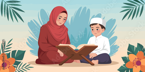 A Gentle Moment of Guidance: A tender portrayal of a mother reading with her son, a heartwarming scene filled with familial warmth, love, and the sharing of knowledge.