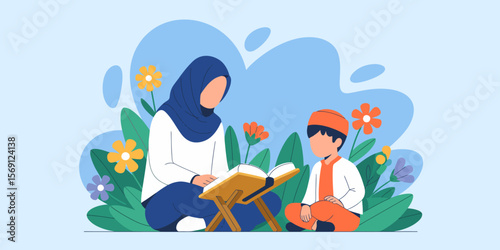 Sacred Education: Depiction of Islamic education in a charming visual narrative, a devoted mother guides a child through reading in a serene floral environment.