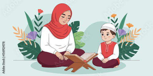Mother and Son Reading: A heartwarming illustration of a Muslim mother patiently teaching her young son from a holy book, surrounded by flourishing plants.