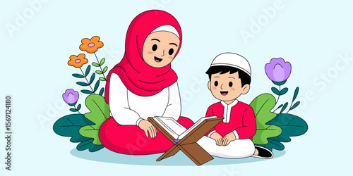 Teaching and Learning: A teacher in a hijab and a young student sit together, engrossed in reading a religious book. Surrounded by vibrant flowers and lush greenery, evoking a sense of peace.