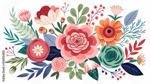 Vector art of a charming cluster of various flowers and decorative leaves
