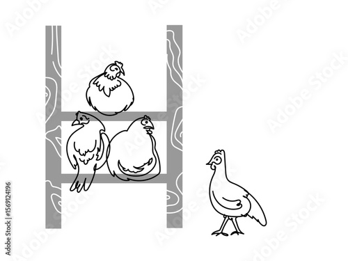 Four  hens in a backyard chicken coop showing farm life and poultry farming concept.  Hand drawn line drawing .Vector doodle illustration