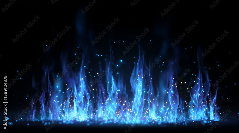 Obraz premium Glowing blue fire, magical energy flames, 3D effect soft light and sparks