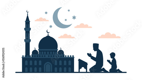 Father and Son Praying: A heartwarming silhouette illustration of a father and son kneeling in prayer before a mosque under a crescent moon and starry night sky.  