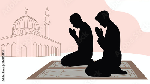 Seeking Spiritual Connection: Two individuals are deeply engrossed in prayer within a serene mosque setting, bathed in soft, ambient light. This illustrates spiritual devotion.