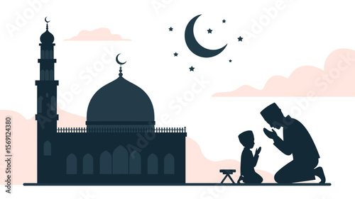 Moment of Reflection: Capturing the essence of a moment of prayer. A silhouette of a mosque alongside a parent and child performing prayer beneath a serene night sky.