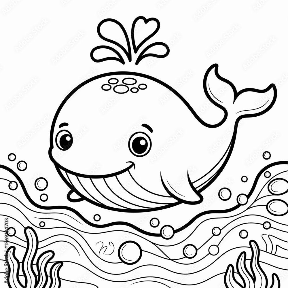 Obraz premium Playful Aquatic Friend: A charming illustration of a cheerful whale frolicking in the ocean waves, spouting a whimsical display of water.