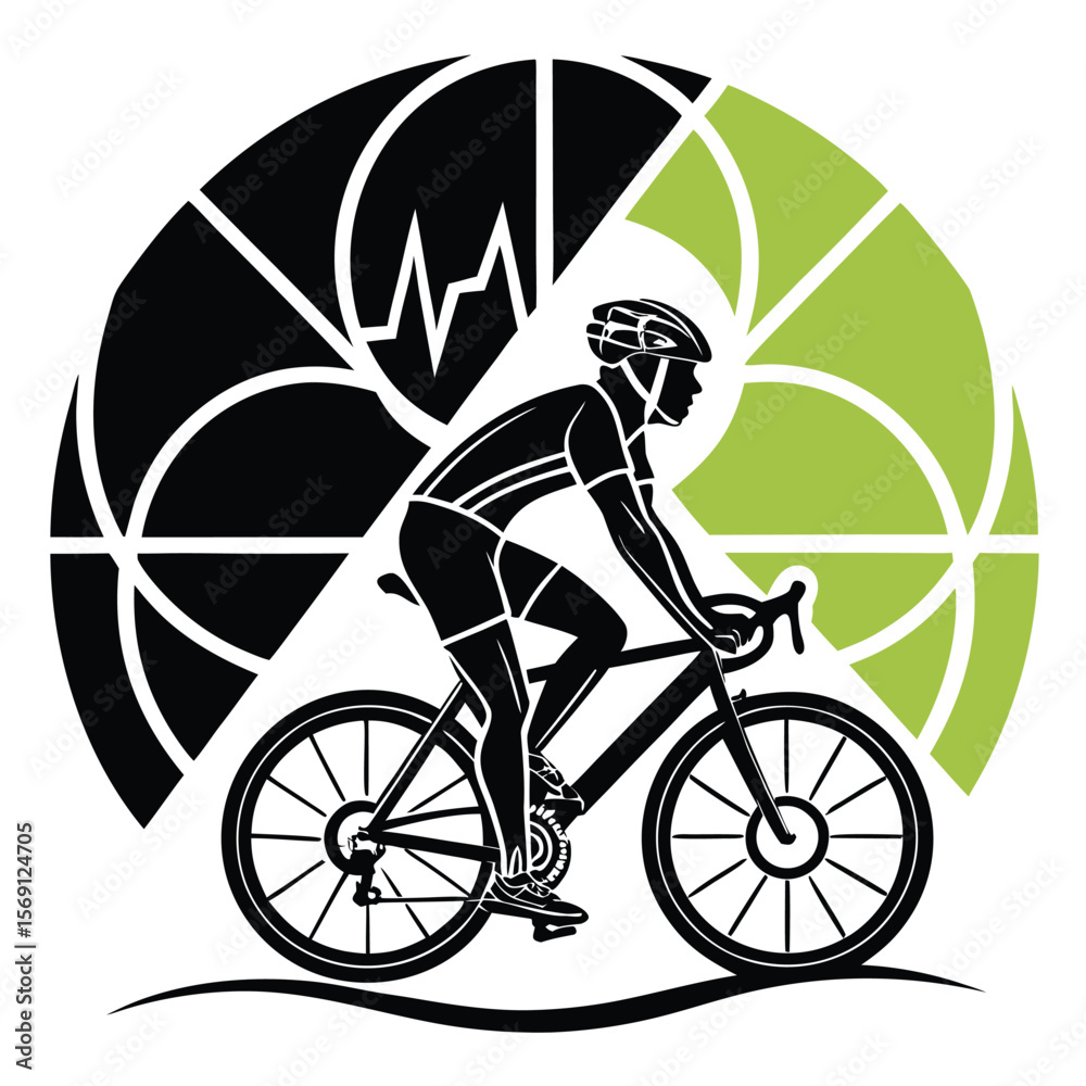 Fototapeta premium Silhouette of cyclist riding a bicycle with abstract graphic elements in the background design art