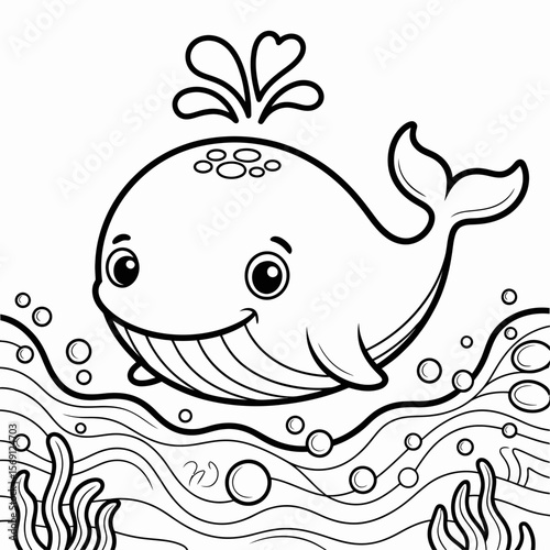 Playful Aquatic Friend: A charming illustration of a cheerful whale frolicking in the ocean waves, spouting a whimsical display of water.
