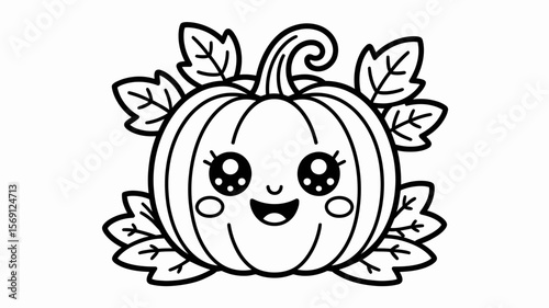 Cute Smiling Pumpkin Illustration: A charming, adorable, and friendly pumpkin smiles and presents a friendly inviting vibe with a happy face, surrounded by leaves.