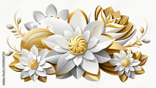 Vector art of sophisticated white and gold flowers with metallic leaf elements on white