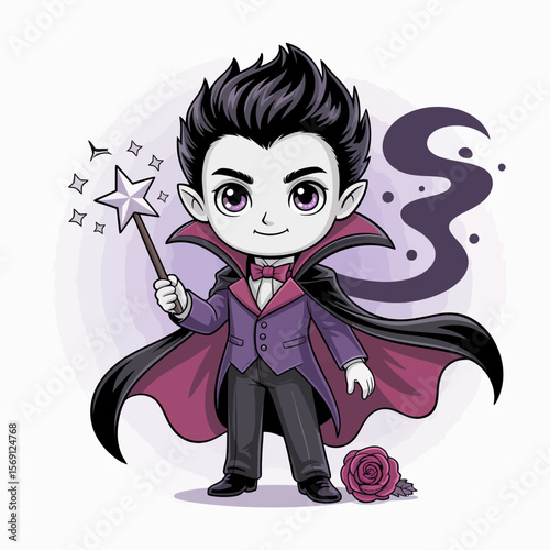 Whimsical Vampire: A charming cartoon illustration of a young vampire with a magic wand against a soft, dreamy backdrop, celebrating the spirit of imagination.