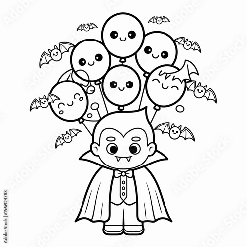 Cute Vampire with Balloons: An adorable cartoon vampire child, dressed in a cape and bow tie, happily surrounded by cute, kawaii-style balloons and bats.