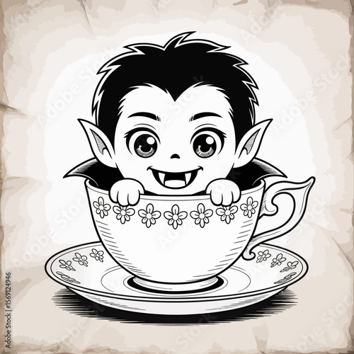 Vampire in a Teacup: A cute cartoon vampire happily sits inside a teacup. Capturing the essence of Halloween, the charming illustration is suitable for any festive season.