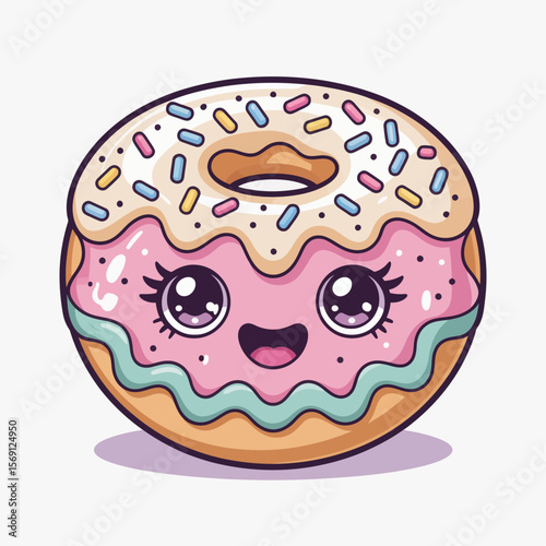 Cute Donut Cartoon: A delightful cartoon donut with pink icing, pastel sprinkles, and kawaii eyes smiles cheerfully.