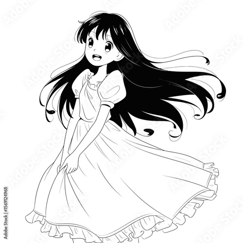 Girl with Long Hair in Dress: An adorable illustration of a young girl with flowing, long hair and a gentle smile, gracefully clad in a delicate dress, suggesting purity and innocence. 