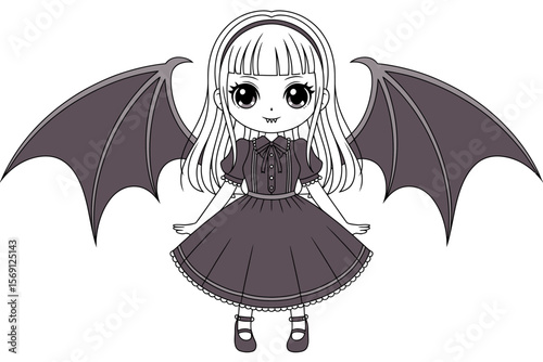 Gothic Angelic: This captivating illustration depicts a charming gothic angelic girl with large eyes, gentle face, dark wing, wearing a dark dress.