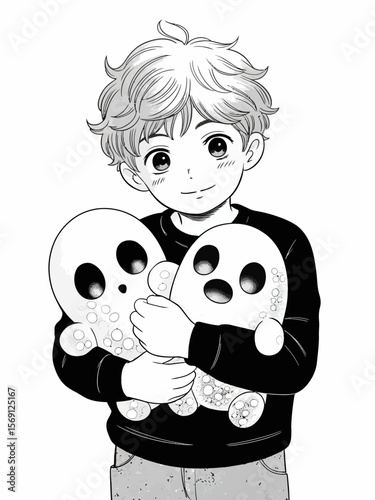 Joyful Kid with Toy: A smiling kid in a playful scene holding two cartoon-like toys, representing the innocent joy of youth. This heartwarming image evokes feelings of warmth and lightheartedness.