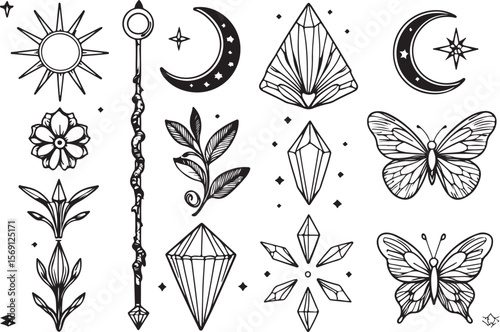 Boho Crystal & Floral Line Icons Set