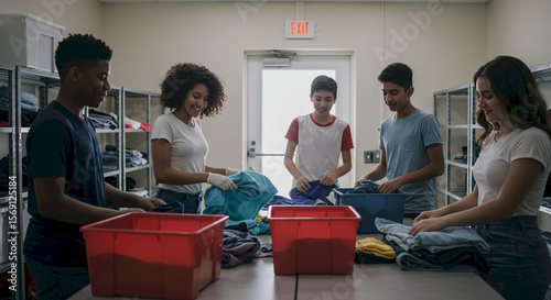 Group of young people volunteering and sorting clothes in community center  