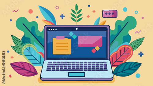 Vector art of a laptop displays notes and an envelope amidst vibrant foliage on a yellow background