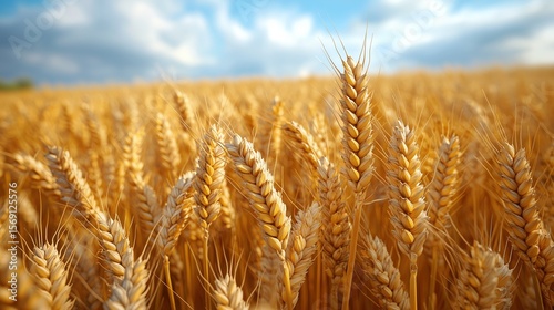 Fresh Wheat Field Close - up (Blue Sky Background, Plump Ears, Rural Vitality) for Food Packaging, Nature Education, Agricultural Popularization Materials