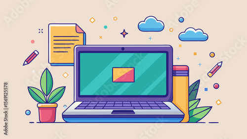 Vector art of a purple laptop with a document and plant suggests a creative workspace