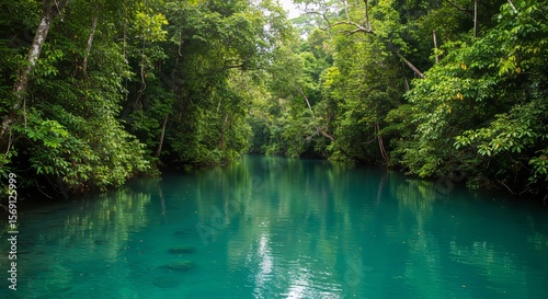 Serene Tropical River in Lush Green Jungle