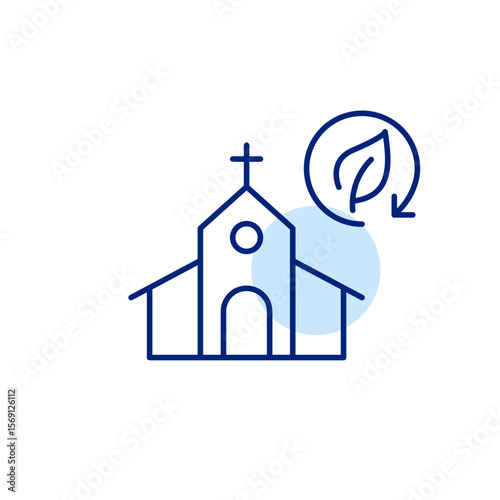 Church and leaf in renew arrow. Eco-friendly services, sustainable religious practices. Pixel perfect, editable stroke vector icon