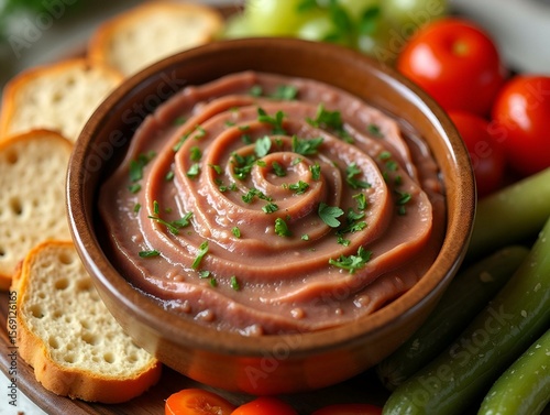 Lard Spread Garnished with Herbs, Served with Rye Bread and Pickled Vegetables
