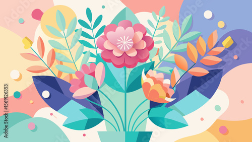 Vector art of a cheerful potted plant with stylized paper cut flowers and leaves against a soft pastel background