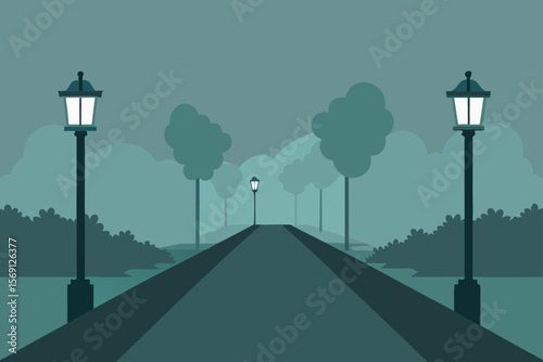 Foggy Park Path Dim Symmetrical Lamps Fading Into Mist