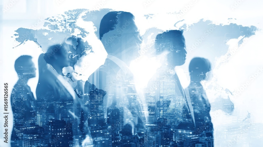 Obraz premium Silhouettes of business leaders framed by a hightech map illustrating the dynamic landscape of global commerce showcasing the importance of strategic partnerships and crossborder synergy
