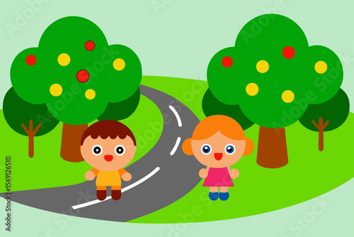Gravel Road Through A Green City Park With Kids Playing