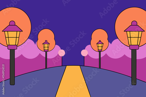Park Road At Dusk With Glowing Lanterns