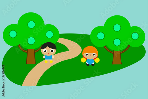 Gravel Road Through A Green City Park With Kids Playing