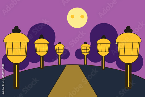 Park Road At Dusk With Glowing Lanterns