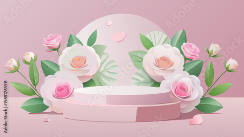 Vector art of a pink podium showcases white and pink roses with green leaves