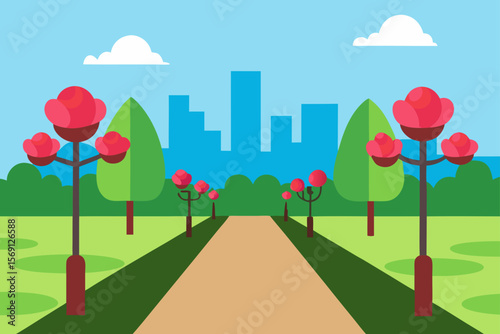 Pathway Through A Rose Garden In A Sunny City Park