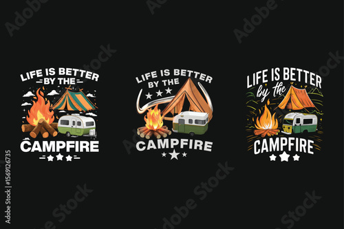 Camping campfire adventure with trailer and tent outdoors