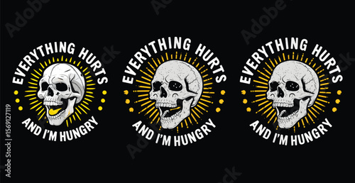 Skull with open mouth and yellow tongue white text